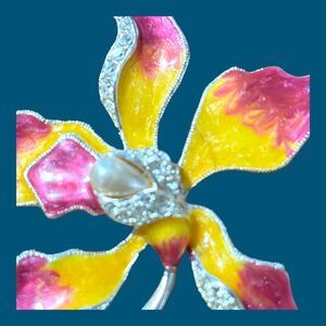 Vintage Signed Napier Orchid Brooch Pink Yellow Rhinestones Silver Tone 2.5"